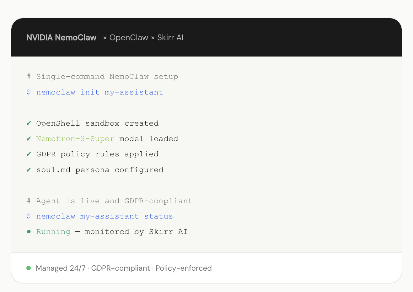 NemoClaw AI agent terminal interface — Skirr AI